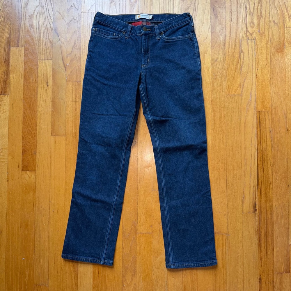 Carhartt Flannel Lined Jeans 8 Short Dark Wash Straight Leg Plaid Denim Outdoors